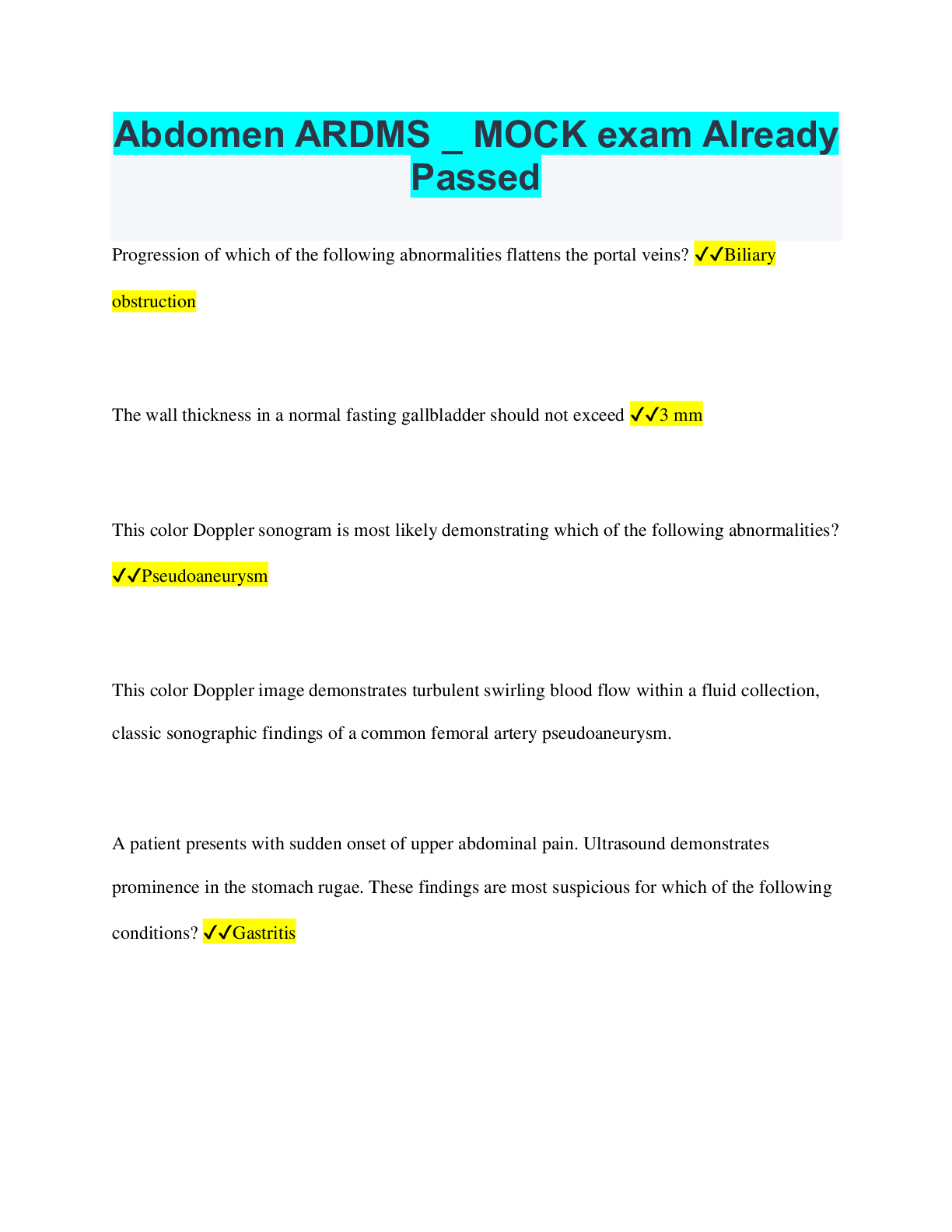 Preview image of Abdomen ARDMS _ MOCK exam Already Passed document